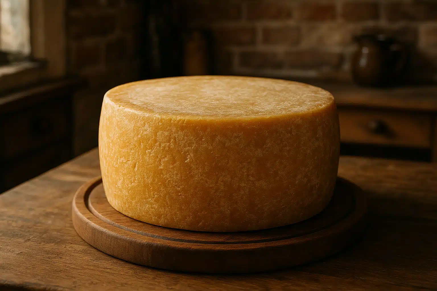 A golden wheel of aged hard cheese on a wooden board with natural lighting, rustic kitchen setting, warm and inviting atmosphere