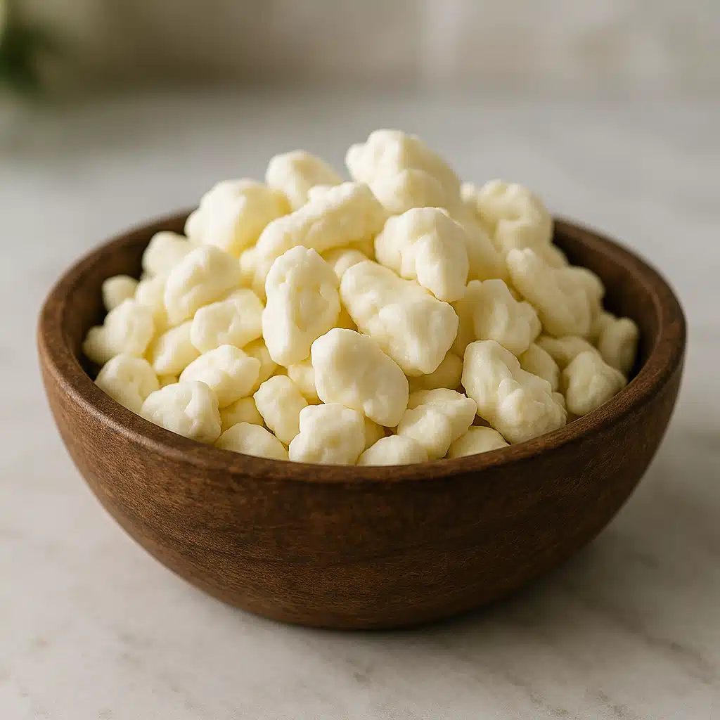 Fresh white cheese curds in a rustic wooden bowl on a clean kitchen counter, natural lighting, appetizing food photography style with soft focus background