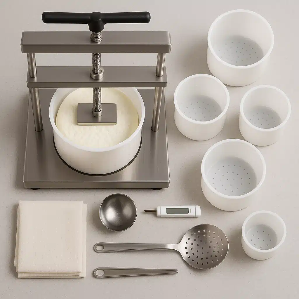 Overhead view of a modern cheese press with adjustable pressure mechanism, multiple cheese molds of different sizes, and cheesemaking accessories neatly arranged on a clean counter