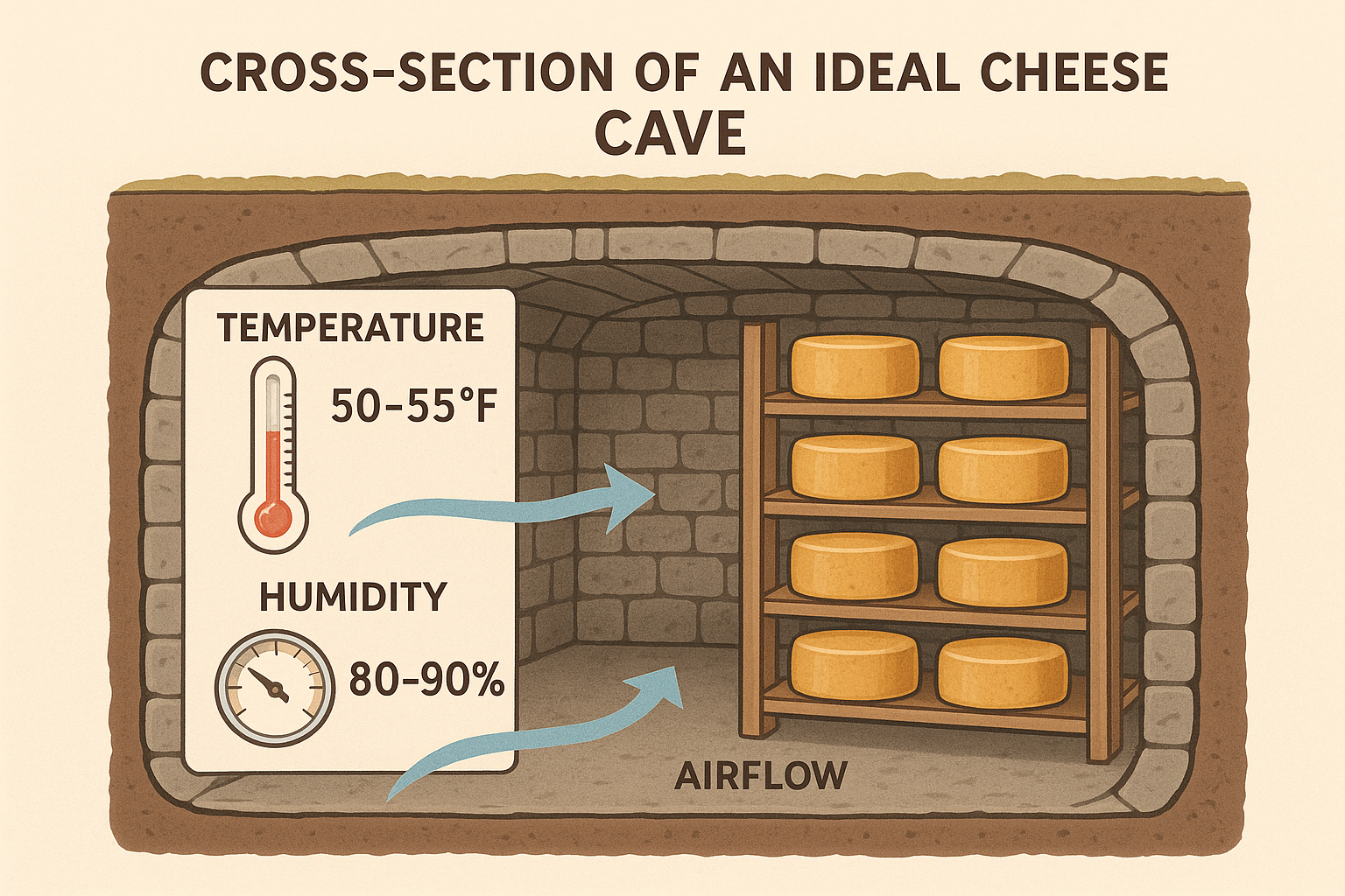 Cross-section diagram showing ideal cheese cave conditions with temperature and humidity gauges, educational illustration style with clear labels and professional design