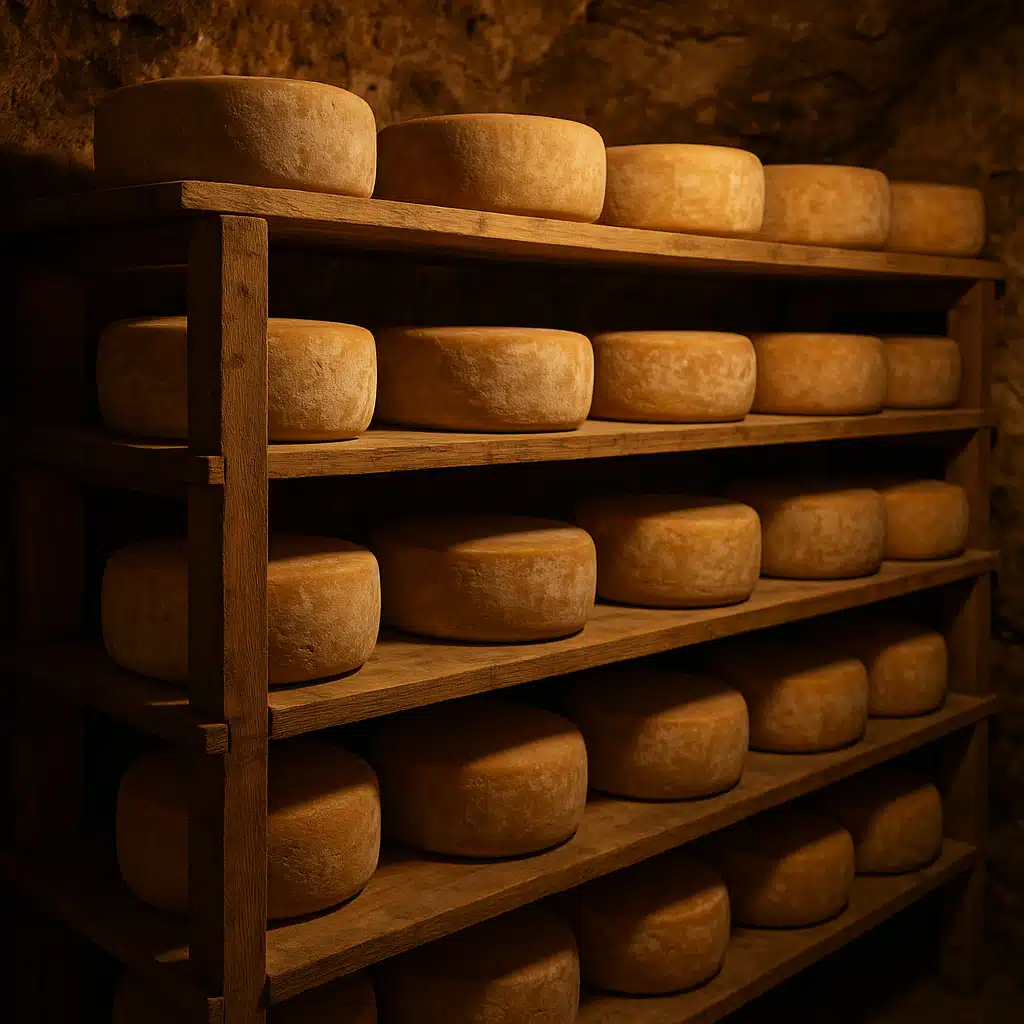 Artisan cheese wheels aging on wooden shelves in a temperature-controlled cave environment, soft ambient lighting highlighting traditional cheesemaking craftsmanship, rustic and authentic atmosphere