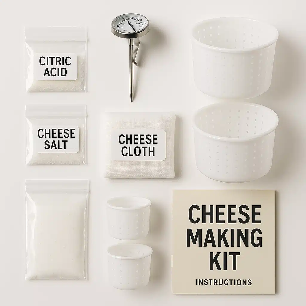 Overhead view of an organized cheese making kit with labeled ingredients, thermometer, cheese cloth, molds, and instruction booklet on a clean white surface
