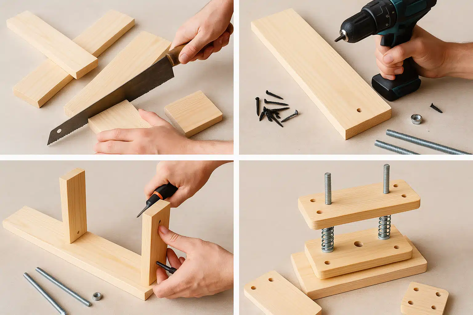 Step-by-step assembly of wooden DIY cheese press showing construction stages, clear detailed view of components, instructional and educational photography style