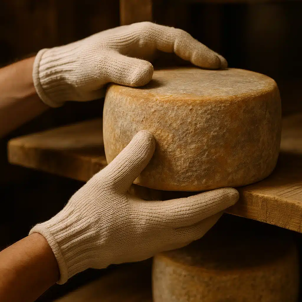 Close-up of hands in cloth gloves turning and caring for a wheel of aging cheese, showing the texture and rind development, artisanal food preparation setting
