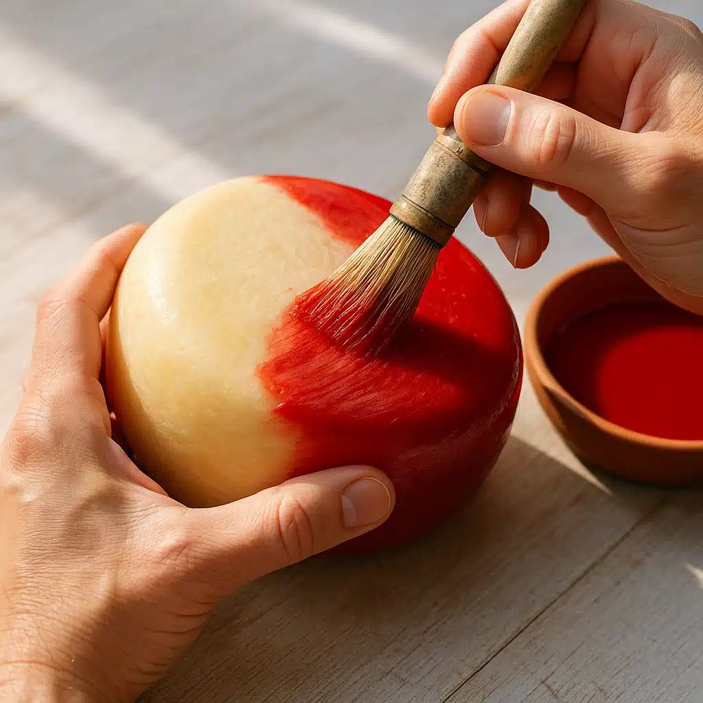 Close-up of hands applying red wax to a cheese wheel with a brush, detailed process shot, bright natural lighting, instructional style