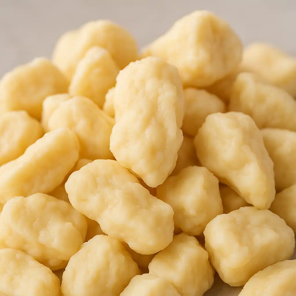Close-up of squeaky cheese curds showing their characteristic texture and irregular shapes, professional food photography with selective focus and neutral background