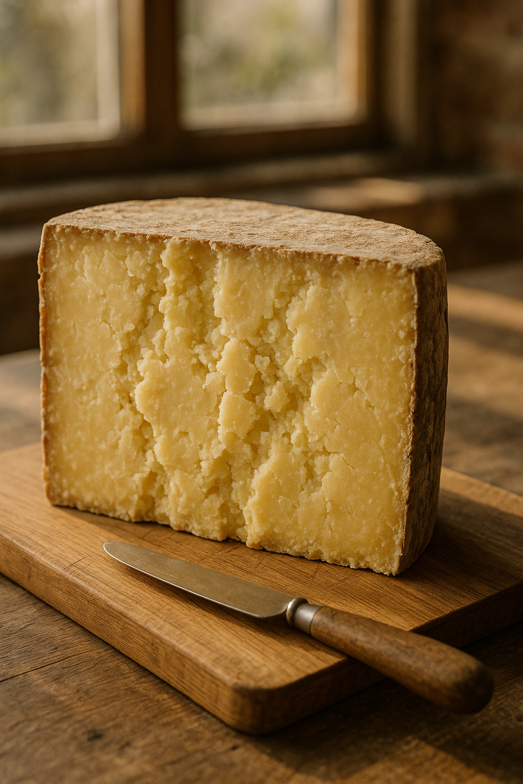 Cross-section of aged farmhouse cheddar cheese showing crumbly texture, placed on wooden cutting board with cheese knife, natural daylight, artisanal presentation