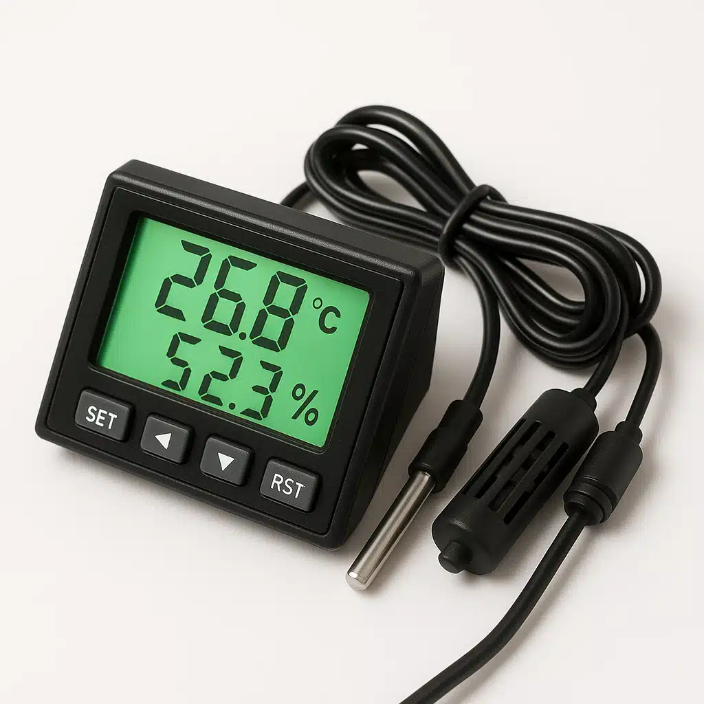 Digital temperature and humidity controller with LCD display and sensor probes on clean white background, product photography style with clear details of controls and display