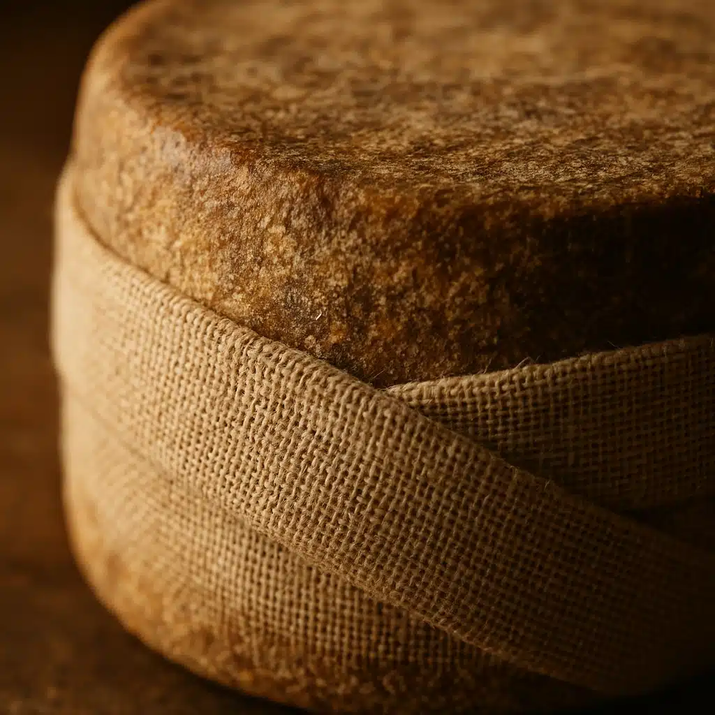 Close-up of traditional cloth-wrapped cheese wheel showing textured fabric bandage and natural rind formation, detailed macro photography, warm natural lighting emphasizing artisanal quality