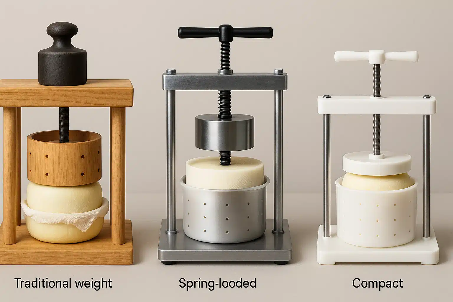 Side-by-side comparison of different cheese press designs including traditional weight-based, spring-loaded, and compact models, displayed on a neutral background with clear detail visibility