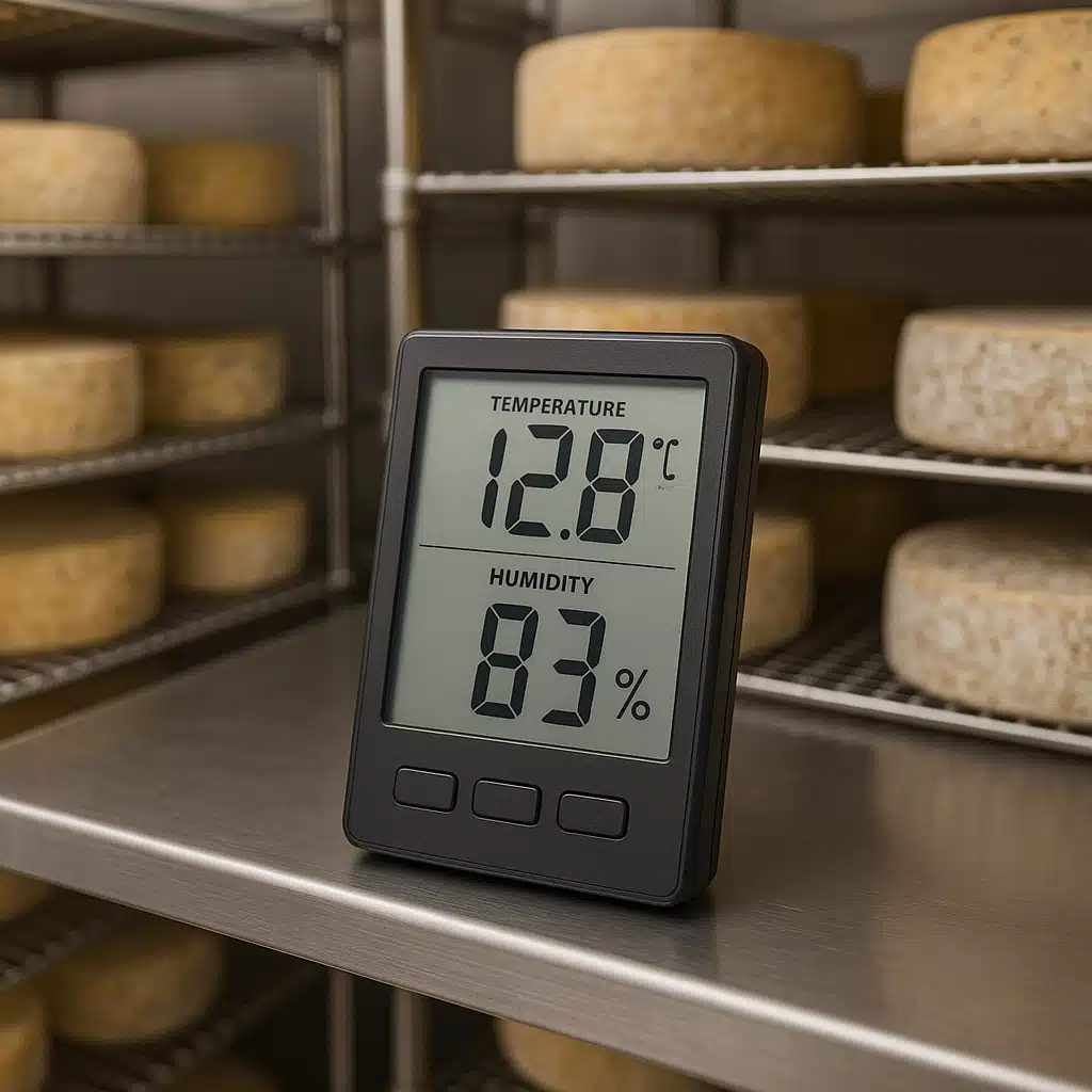 Digital temperature and humidity monitoring device displaying readings in a cheese aging space, modern precision instrument with clear display, professional food storage environment