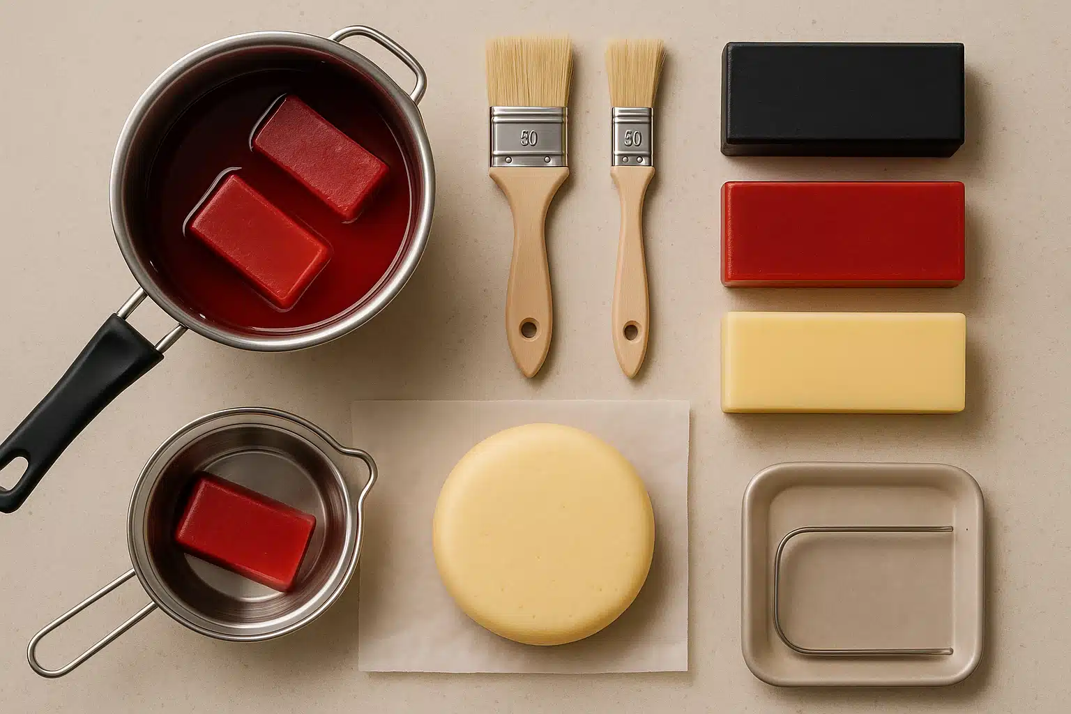 Organized cheese-making workspace with melting pot, brushes, wax blocks, and cheese wheel on parchment paper, overhead view, clean and professional setup