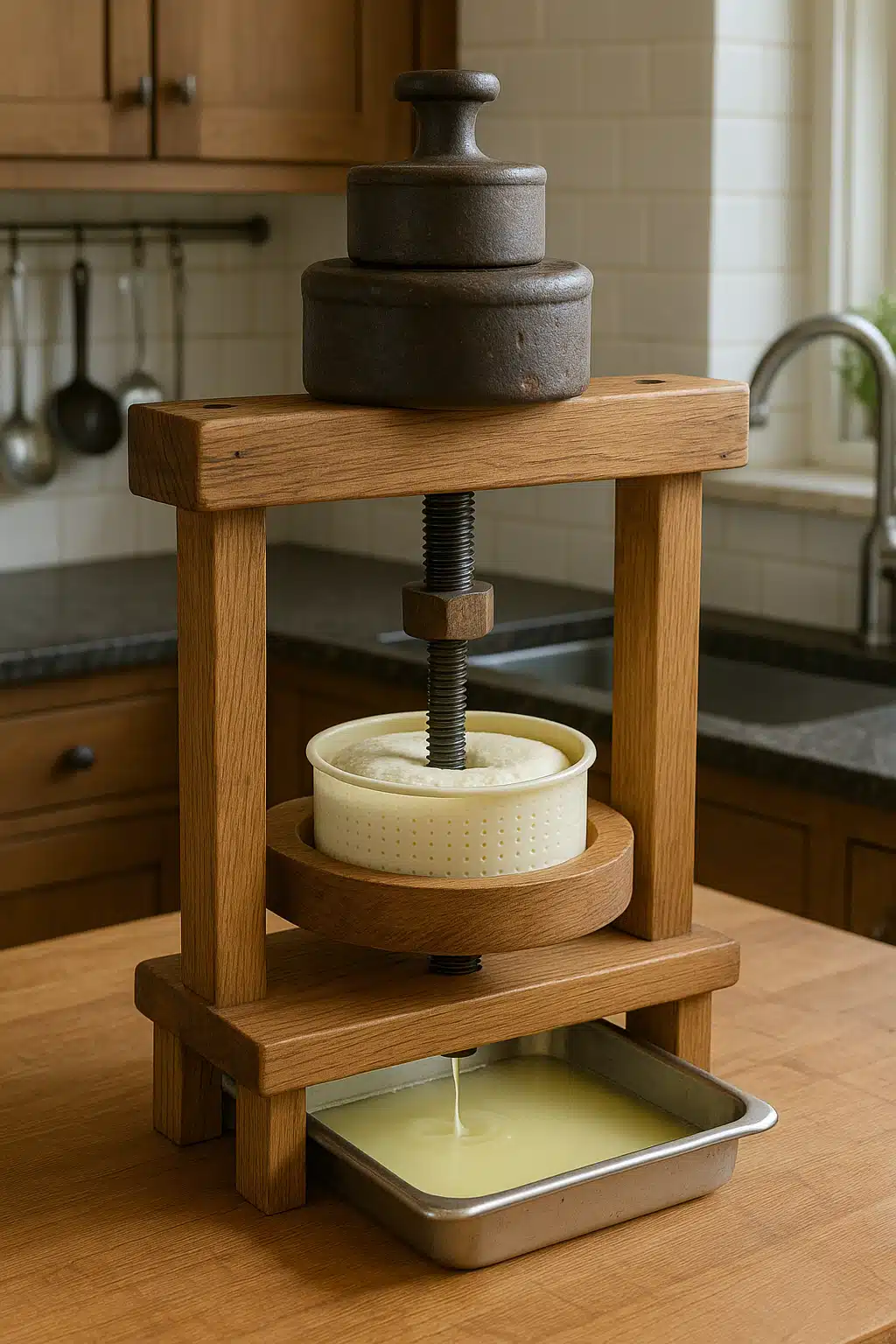 Active cheese pressing setup showing cheese mold in wooden press with weights on top, whey draining into collection tray, realistic kitchen environment, detailed and practical