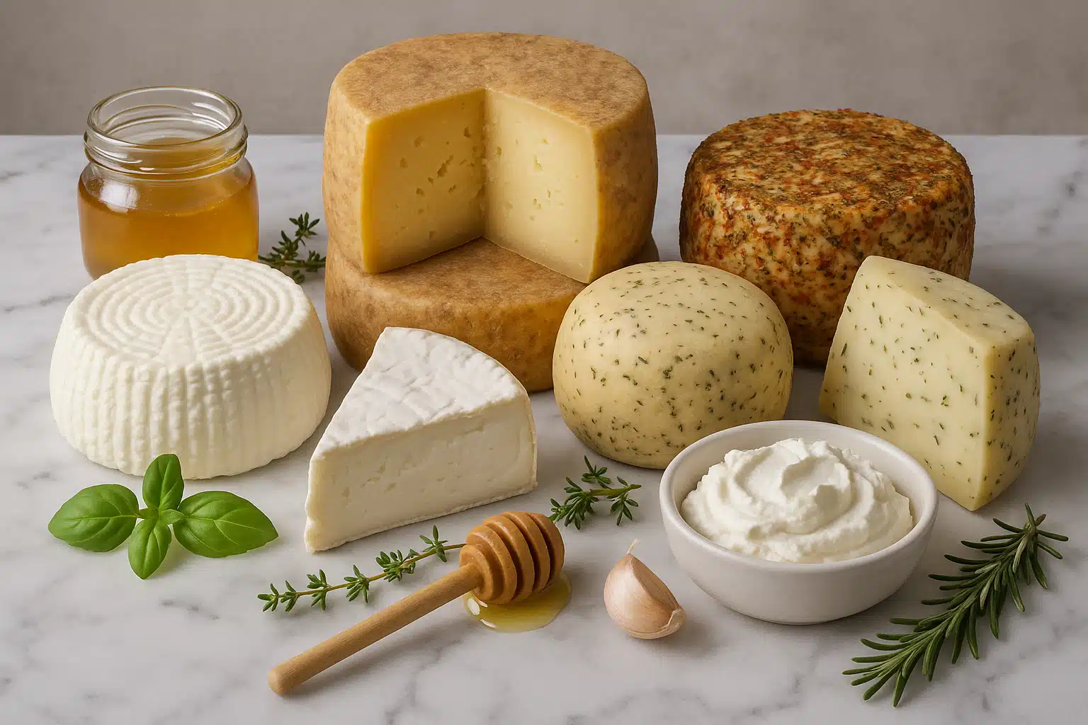 Collection of different homemade cheeses including soft fresh cheese, aged hard cheese wheels, and specialty varieties arranged on marble surface with herbs and accompaniments