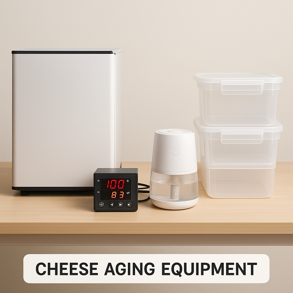 Layout of cheese aging equipment including compact refrigerator, digital controller, humidifier, and storage containers arranged neatly on a table, clean studio photography with good lighting
