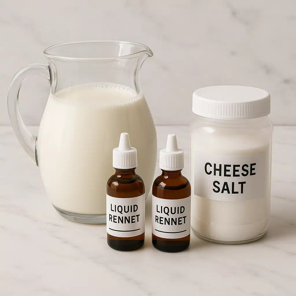 Cheesemaking ingredients laid out on a marble counter including bottles of liquid rennet, containers of cheese salt, and a pitcher of fresh whole milk, clean and organized composition with natural lighting