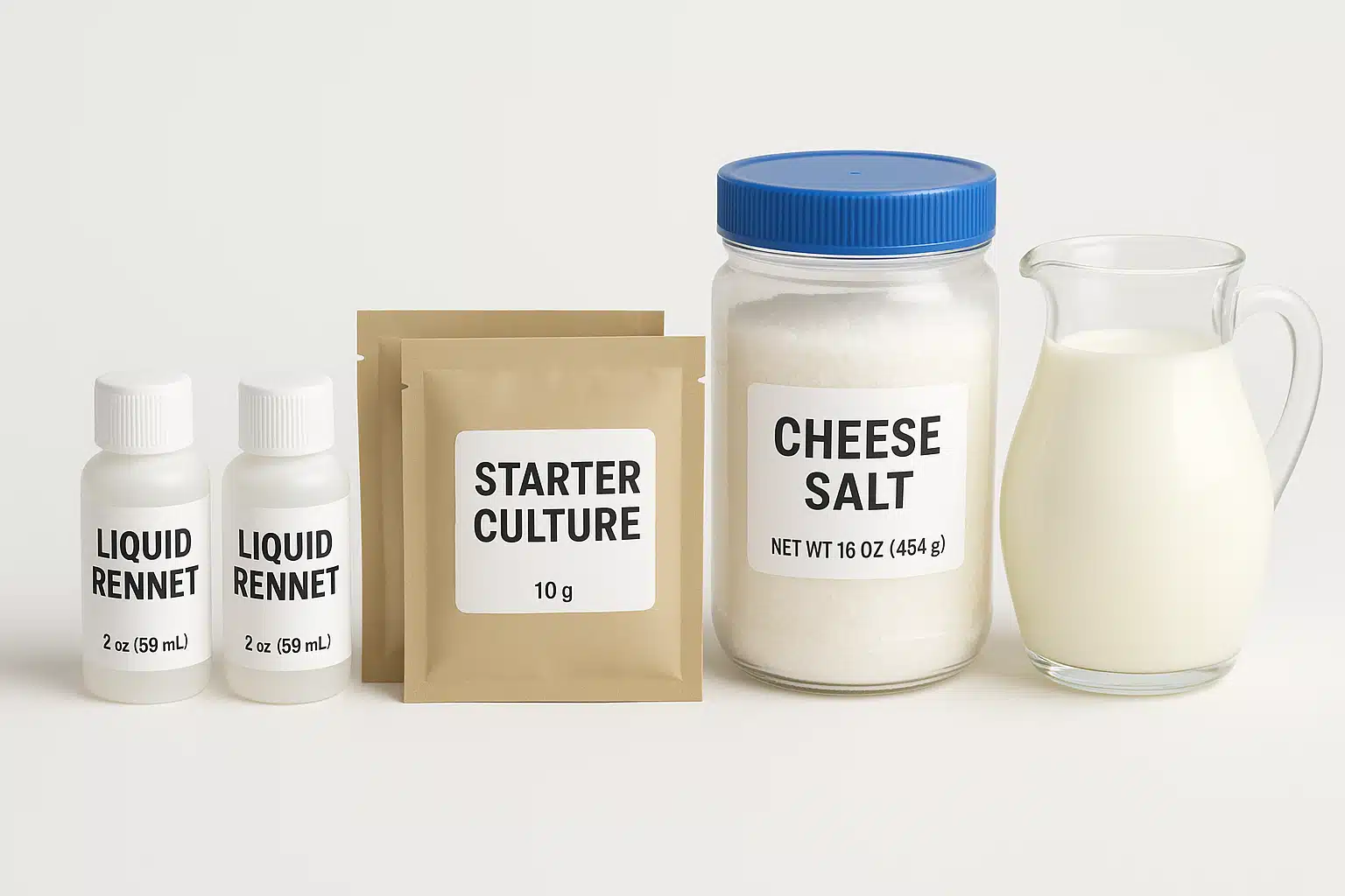 Organized display of cheese-making ingredients including bottles of liquid rennet, packets of starter culture, container of cheese salt, and fresh milk, clean white background, educational product photography style