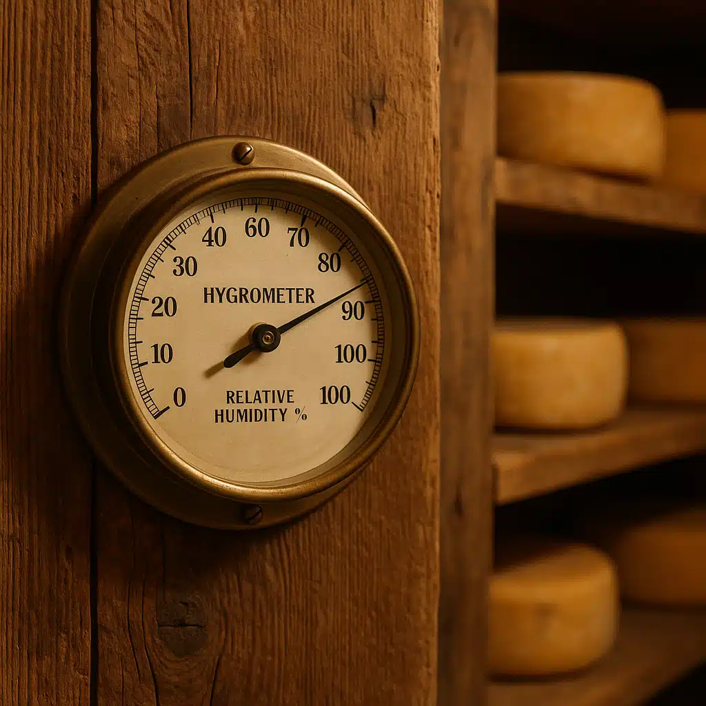 Analog hygrometer and humidity gauge mounted on wooden wall in cheese cave setting, vintage-style precision instrument, artisanal food storage atmosphere