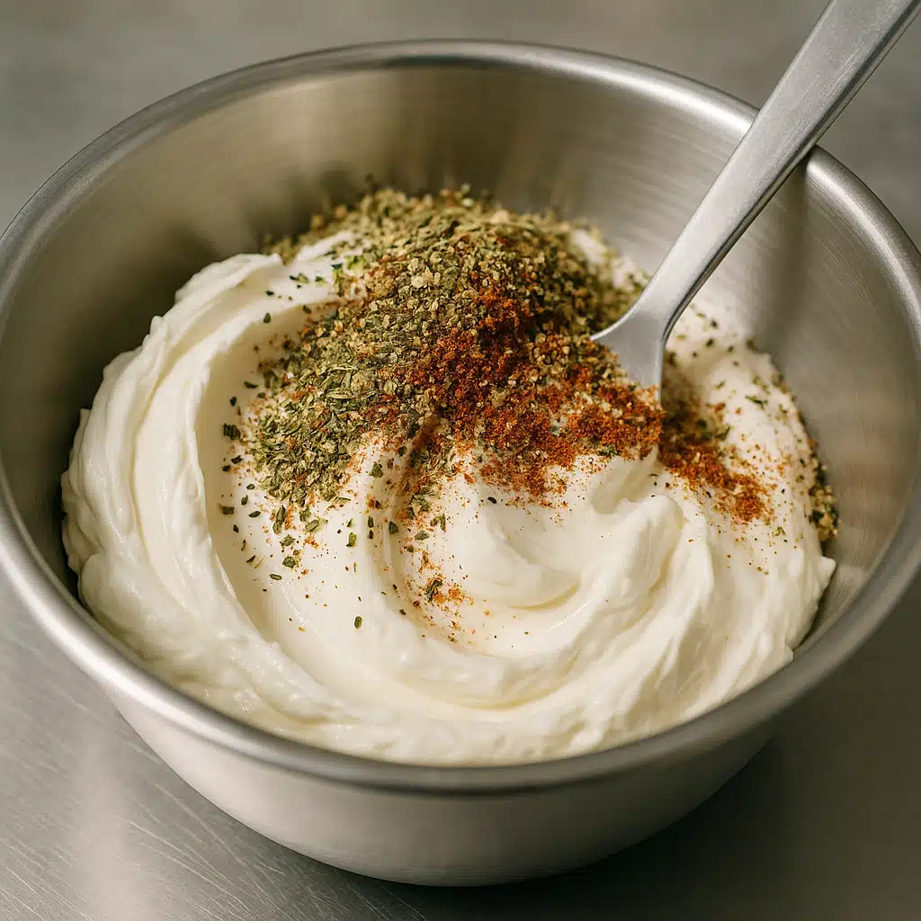 Close-up of creamy white cheese being mixed with dried herbs and spices in a stainless steel bowl, kitchen setting, clean and professional food preparation scene