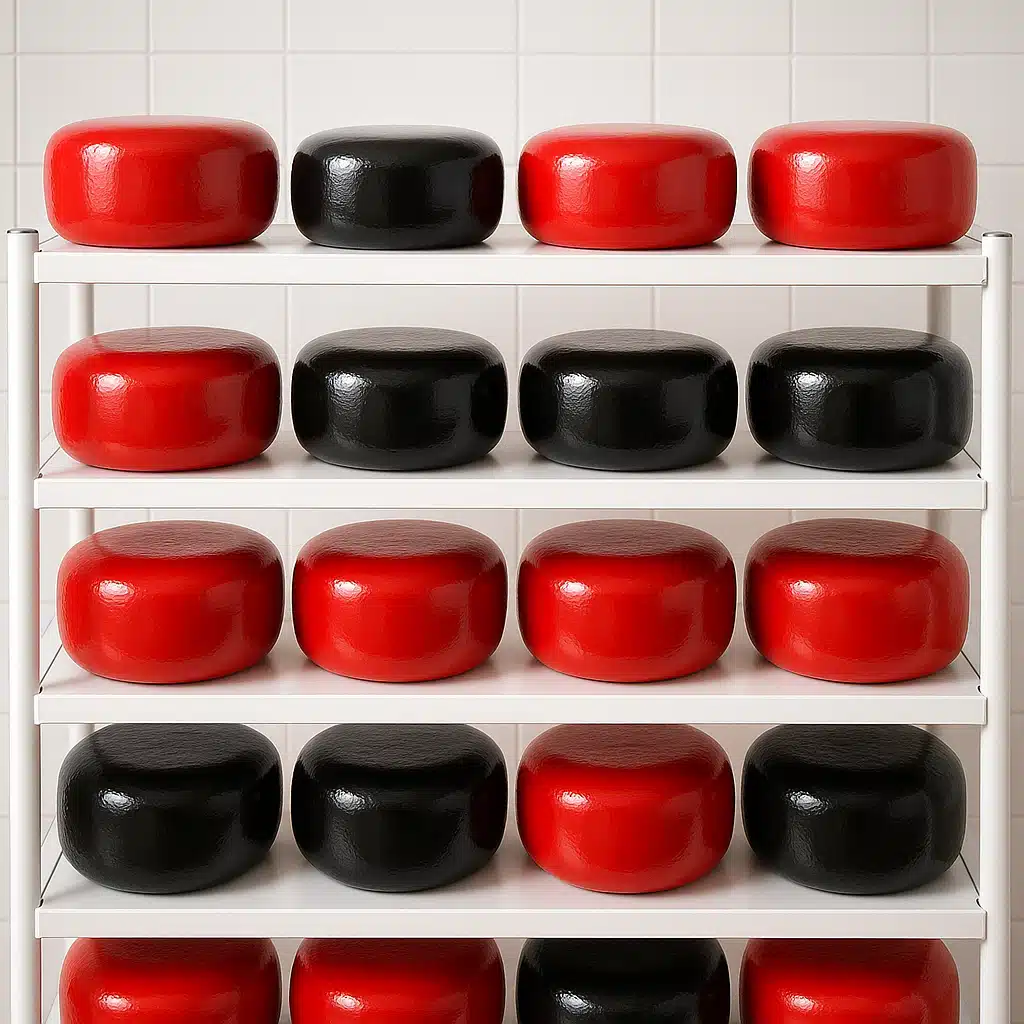 Wheels of cheese coated in glossy red and black wax stacked neatly on storage shelves, clean and professional presentation, bright even lighting showcasing the smooth protective coating