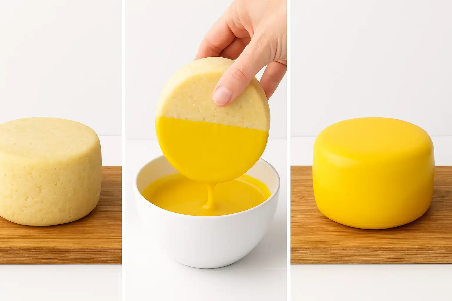 Step-by-step sequence showing cheese wheel being coated with yellow wax, progression from unwaxed to fully coated, clear instructional photography, bright even lighting