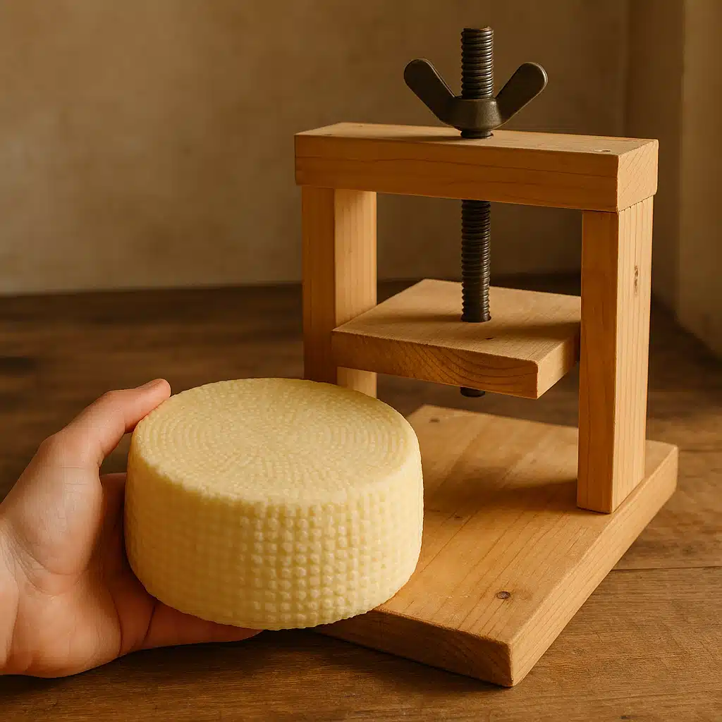 Finished homemade cheese wheel removed from press with visible texture and shape, alongside the DIY wooden cheese press, achievement and satisfaction mood, warm natural lighting