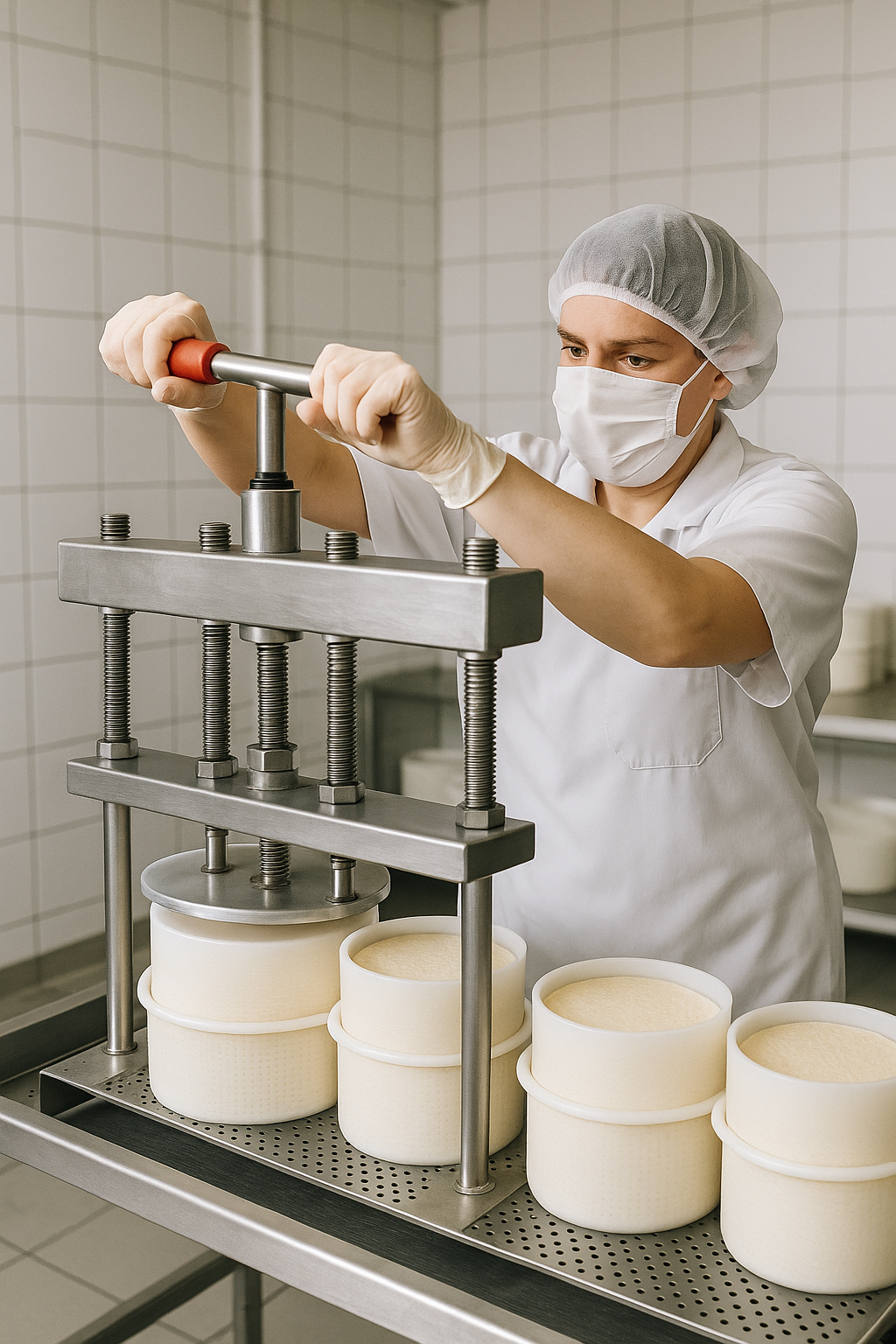 Professional cheesemaker using a heavy-duty stainless steel cheese press in a clean production facility, multiple cheese molds visible, wearing appropriate food safety equipment