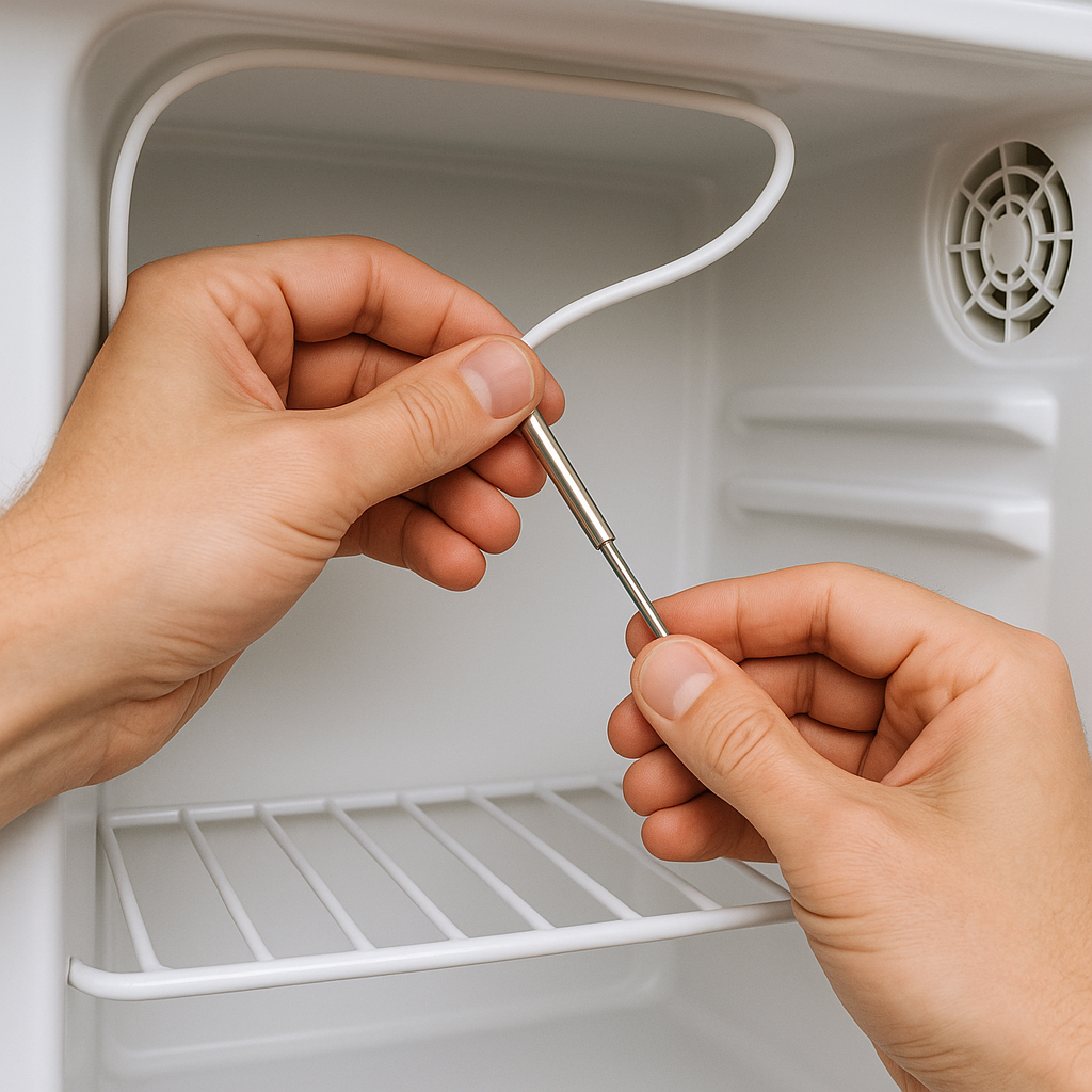 Hands installing temperature probe inside small refrigerator, close-up shot showing proper sensor placement and cable routing, instructional photography style with clear focus