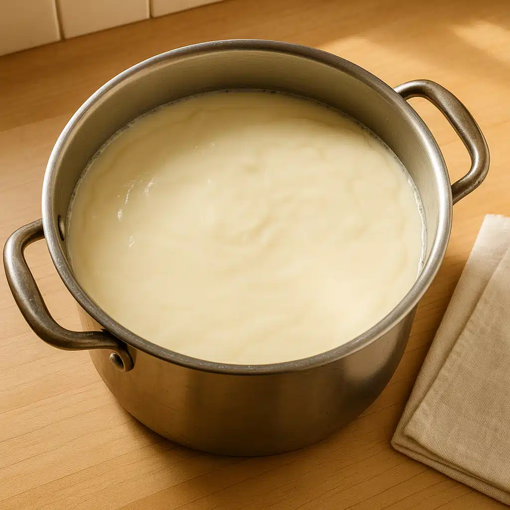 Milk coagulating in a stainless steel pot showing the smooth gel-like curd formation before cutting, overhead view with warm natural lighting and clean kitchen setting