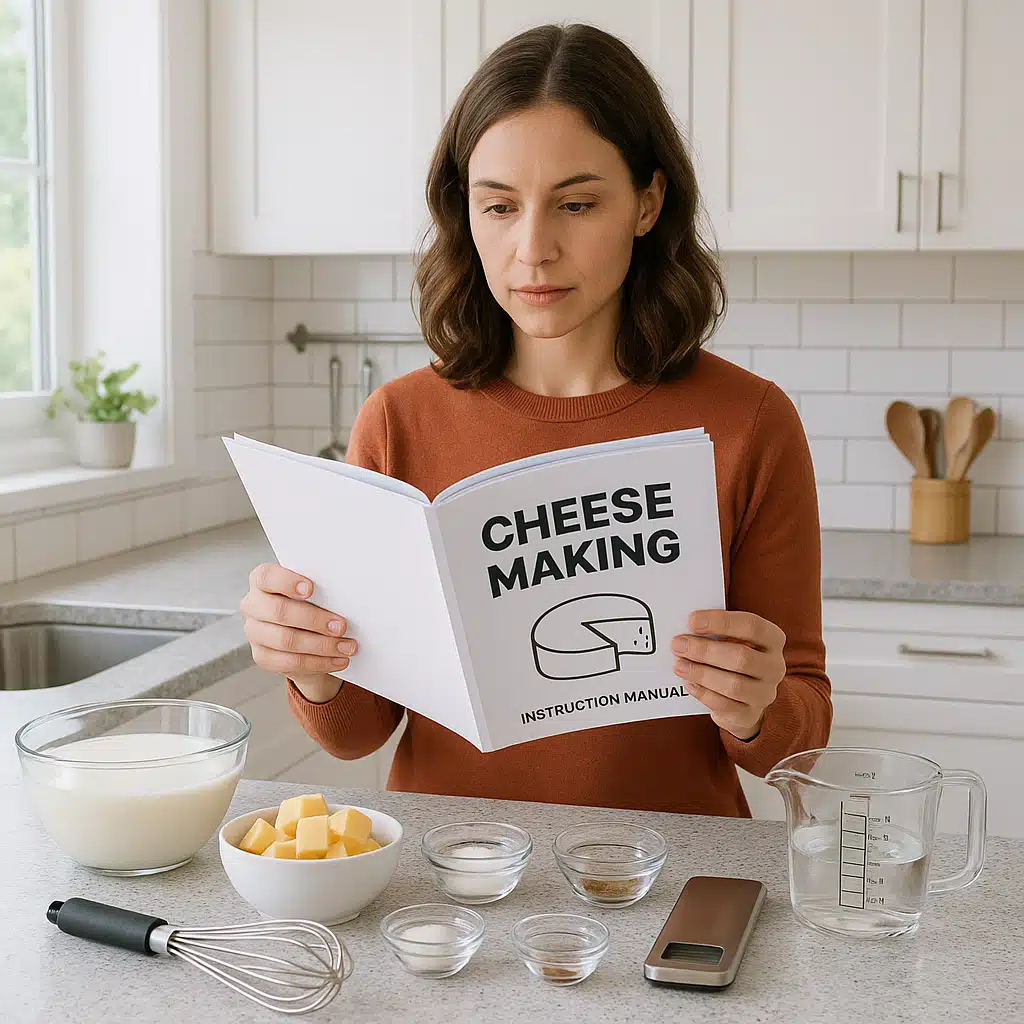 Person reading cheese making instruction manual while preparing ingredients in a bright modern kitchen, with measuring tools and ingredients organized on counter