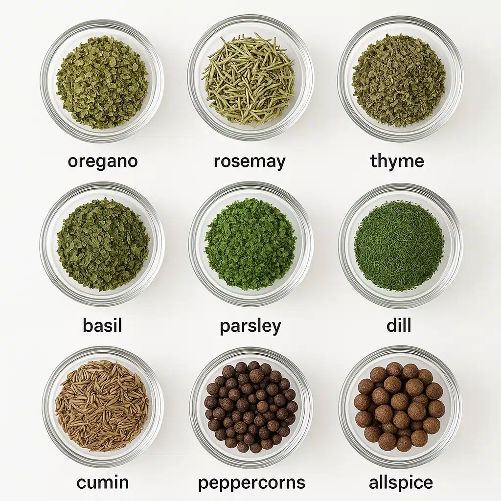 Collection of dried herbs and whole spices arranged in small glass bowls on a clean white surface, organized and labeled, food safety concept, bright and clear photography