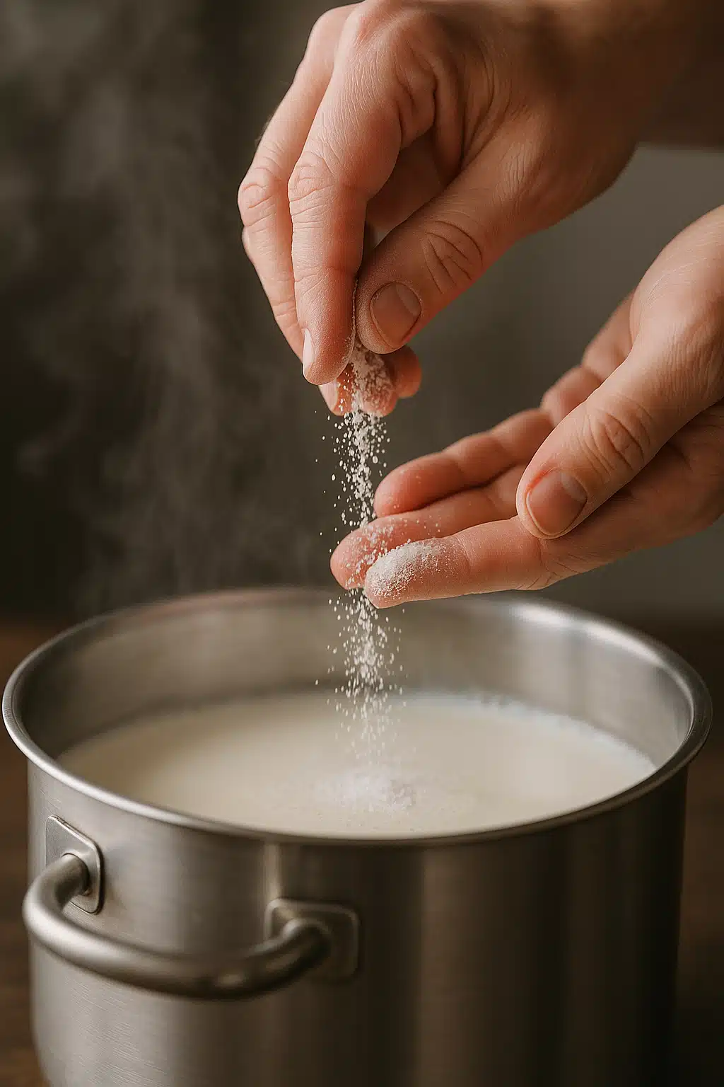 Close-up of hands sprinkling white powder starter culture over surface of milk in stainless steel pot, steam rising, soft focus background, instructional cooking photography