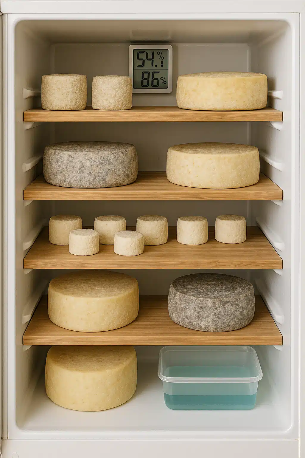 Converted refrigerator set up as a home cheese cave with wooden shelves, aging cheeses, temperature and humidity monitors, and water container for moisture control, organized and clean interior