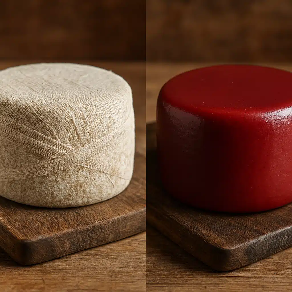 Side-by-side comparison of bandage-wrapped and wax-coated cheese wheels on a rustic wooden cutting board, professional food photography with natural lighting, highlighting the textural differences between aging methods