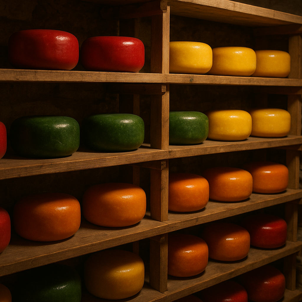 Multiple colorful waxed cheese wheels stored on wooden shelves in a cool cellar environment, soft ambient lighting, proper aging conditions, traditional cheese storage