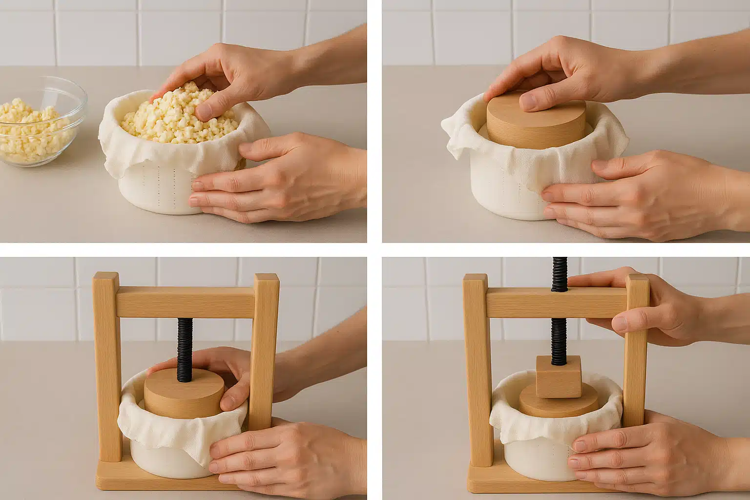 Step-by-step sequence showing cheese curds being placed in cloth-lined mold, follower positioned, and press being adjusted, educational demonstration style with clear detail of each stage