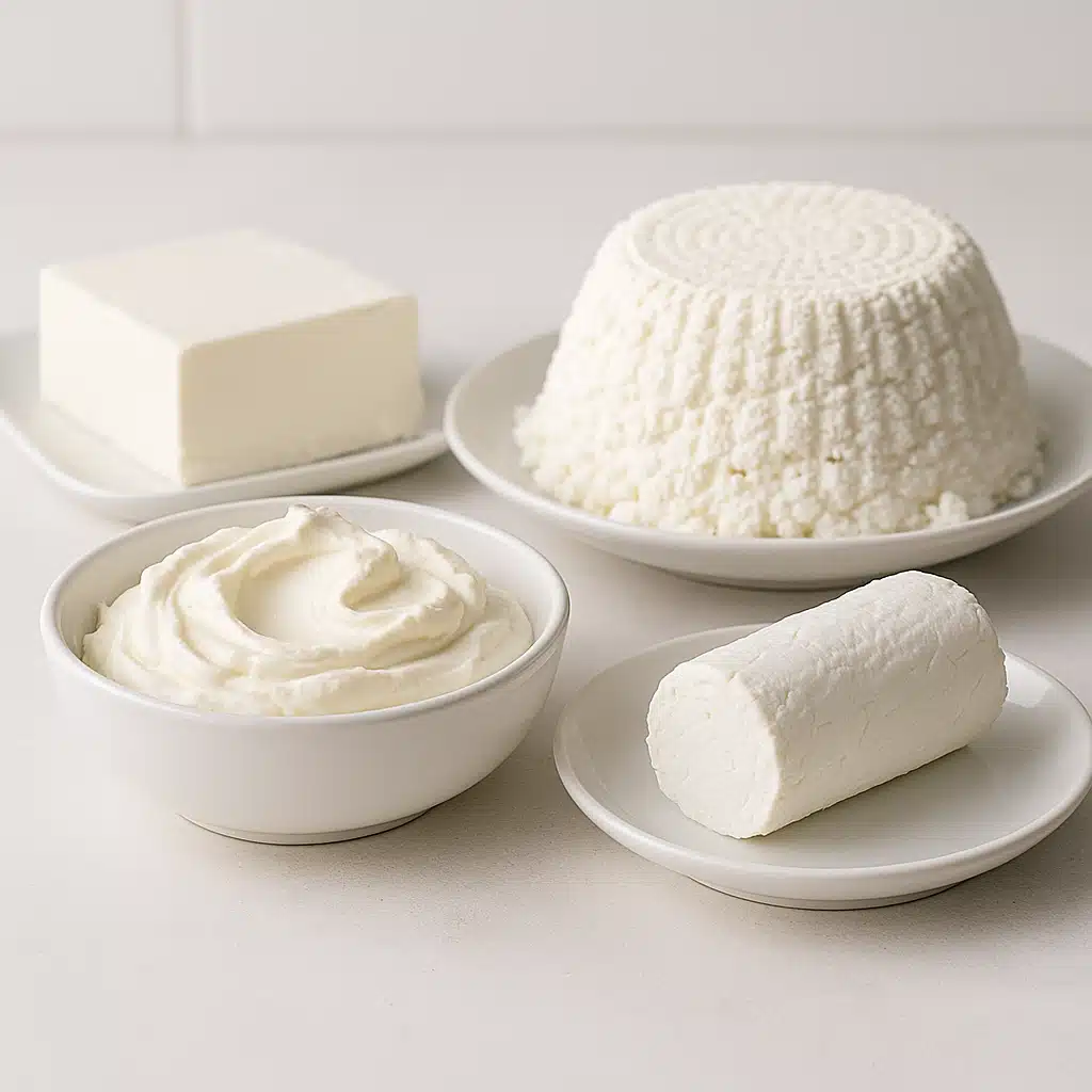 Selection of fresh soft cheeses including cream cheese, ricotta, and goat cheese displayed on white ceramic dishes, minimalist kitchen counter background, clean and appetizing composition