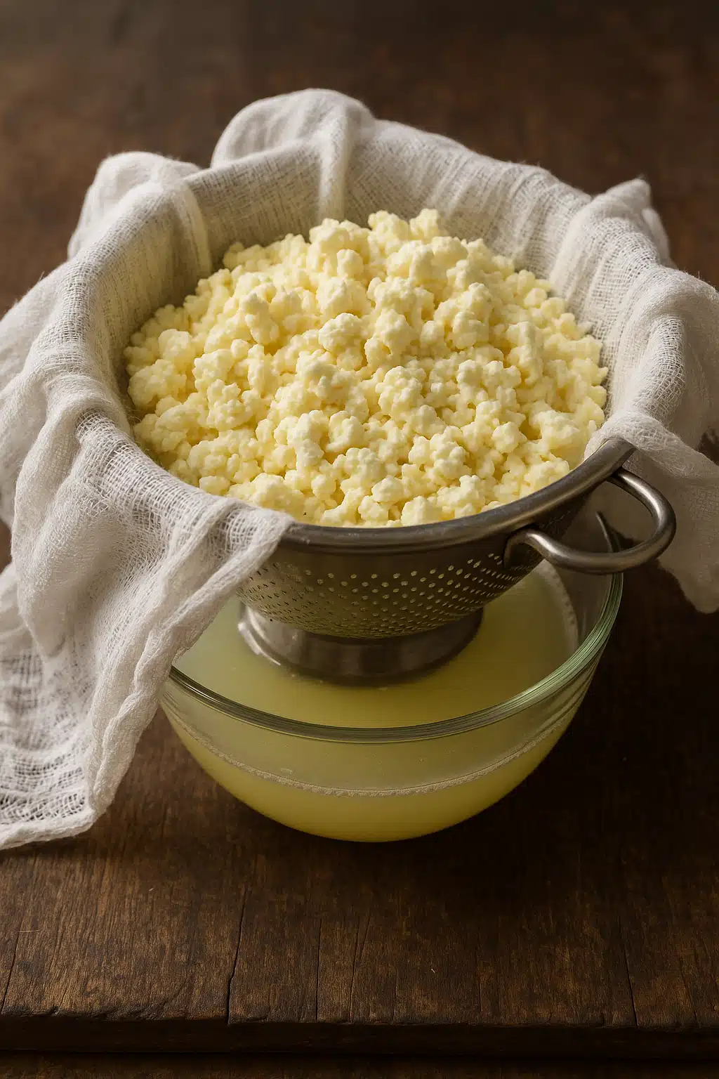 Fresh cheese curds draining in cheesecloth over a colander with whey collecting in a bowl below, detailed food preparation photography with focus on texture and process