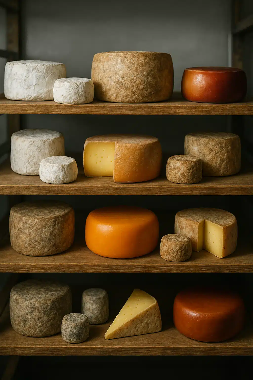 Various types of cheese at different aging stages displayed on shelves in climate-controlled environment, showing bloomy rinds, natural rinds, and waxed varieties, professional food photography