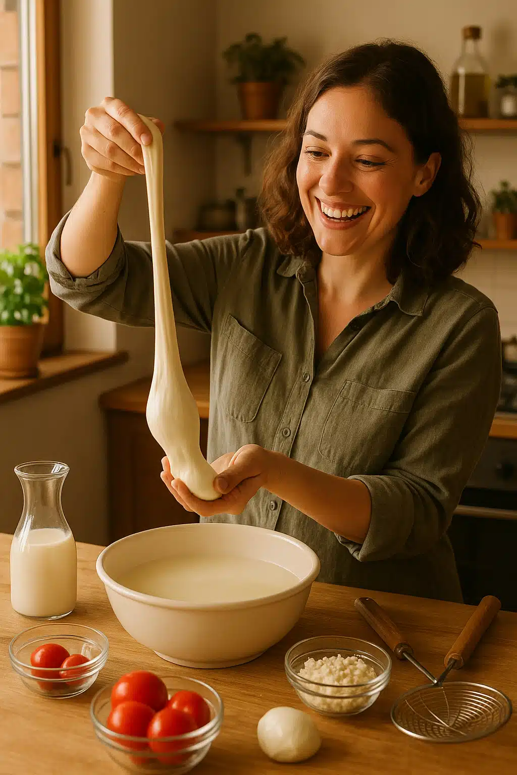 Happy person in home kitchen smiling while stretching fresh mozzarella cheese, warm natural lighting, ingredients and cheese making tools visible in background
