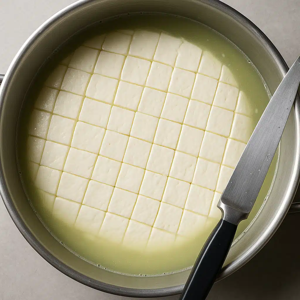 Top-down view of white cheese curds cut in grid pattern floating in clear whey inside stainless steel pot, knife resting on edge, bright overhead lighting, detailed texture visible