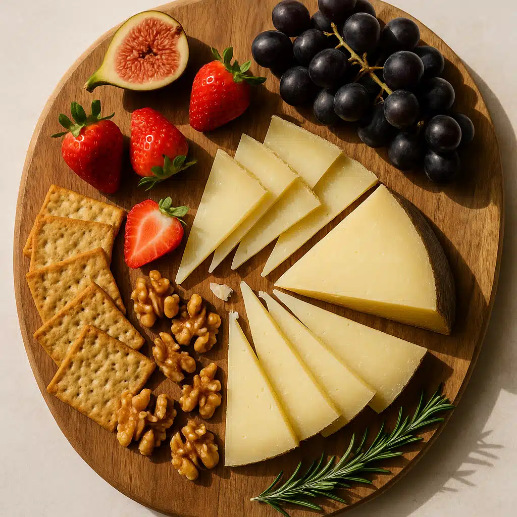 Elegant cheese board presentation featuring sliced aged cheese with fruits, nuts, and crackers, overhead view, natural daylight photography, inviting and sophisticated arrangement suitable for entertaining
