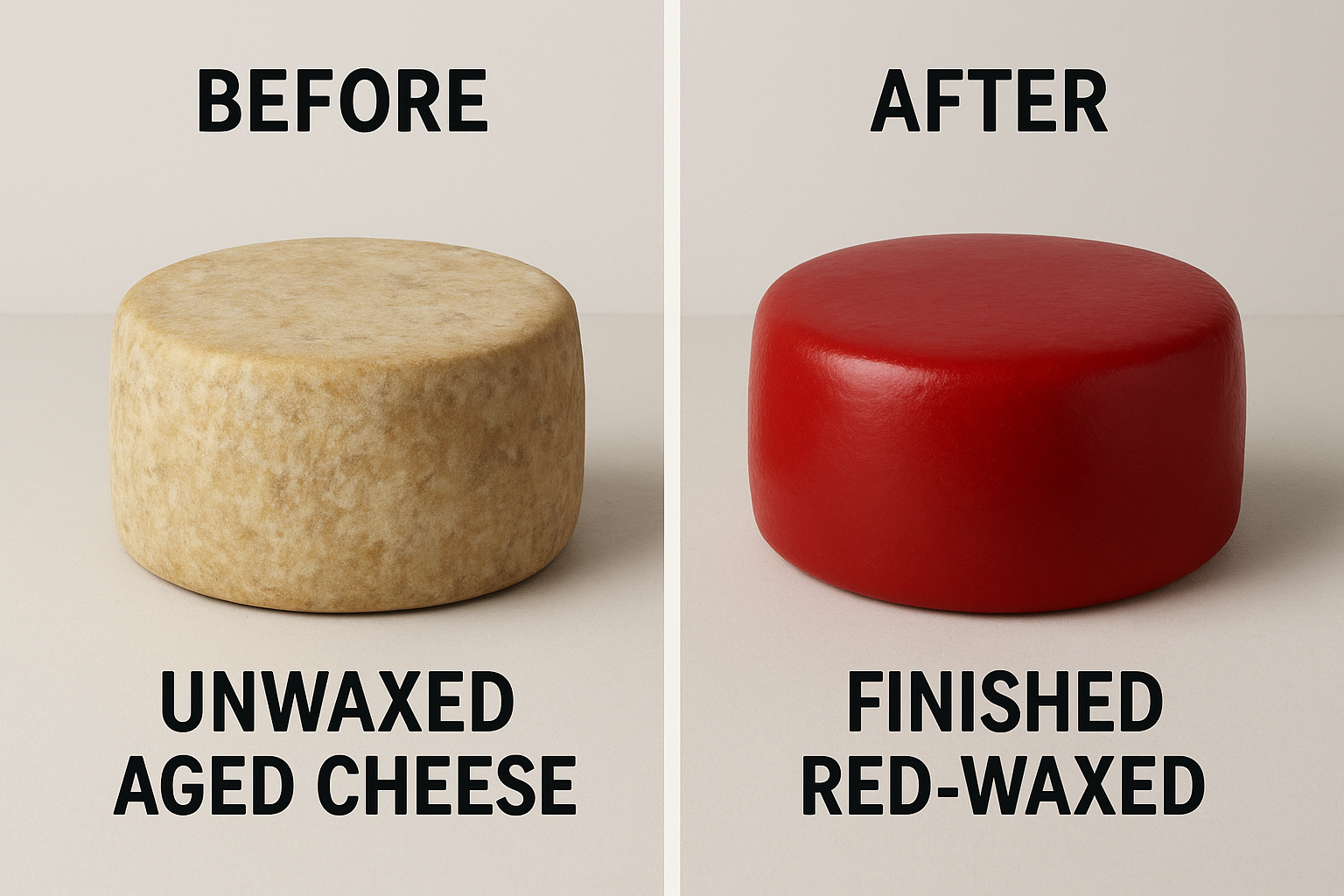 Before and after comparison of cheese wheel, showing unwaxed aged cheese next to finished red waxed wheel, side-by-side comparison, educational presentation style