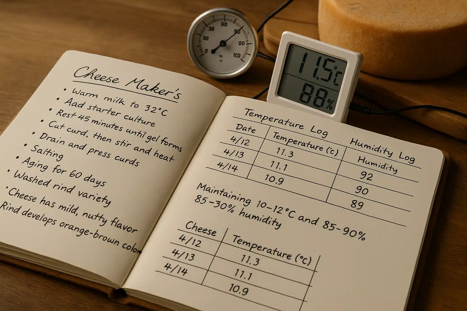 Cheese maker's journal with handwritten notes next to monitoring equipment and aging cheese, showing temperature and humidity logs, organized record-keeping setup, educational and methodical approach