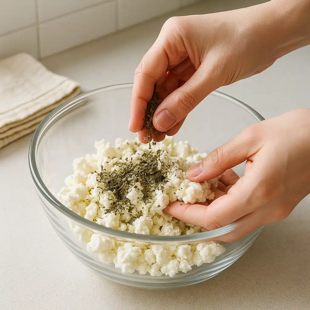 Hands gently folding dried herbs into soft white cheese in a glass mixing bowl, clean kitchen environment, step-by-step food preparation tutorial style, natural daylight