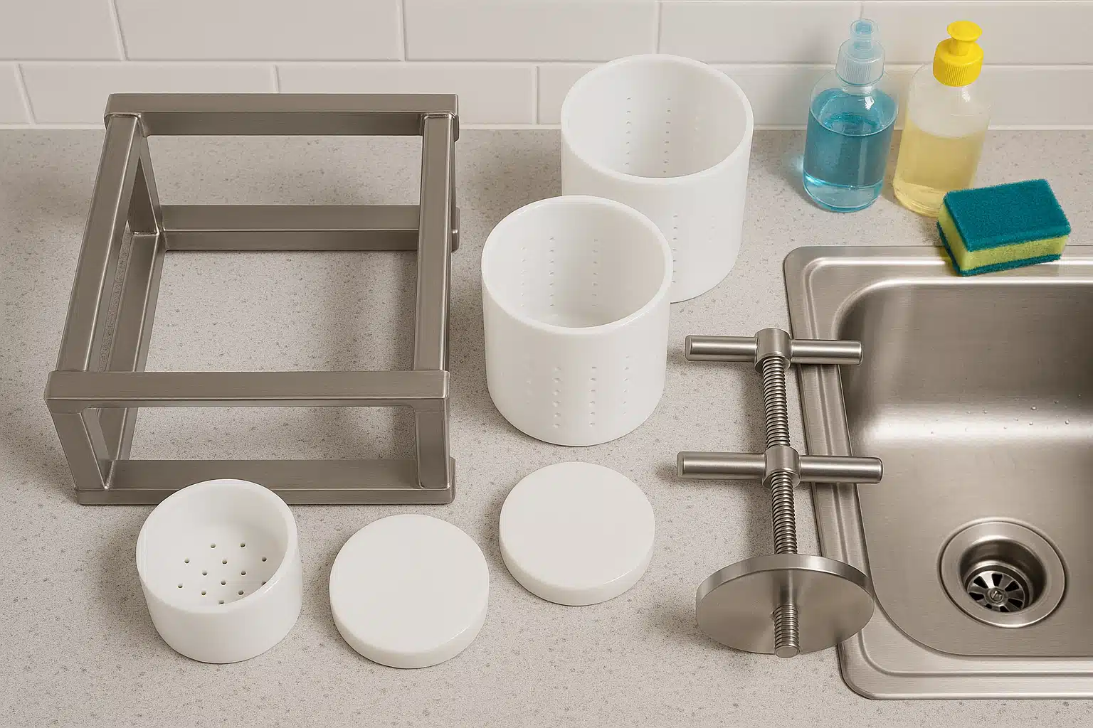 Disassembled cheese press components laid out for cleaning, including stainless steel frame, molds, followers, and pressing mechanism, clean kitchen sink setting with cleaning supplies visible
