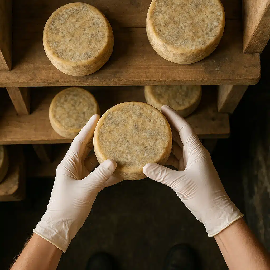Person wearing food-safe gloves turning and inspecting aging cheese on wooden board inside cheese cave, overhead view showing careful handling technique, natural lighting