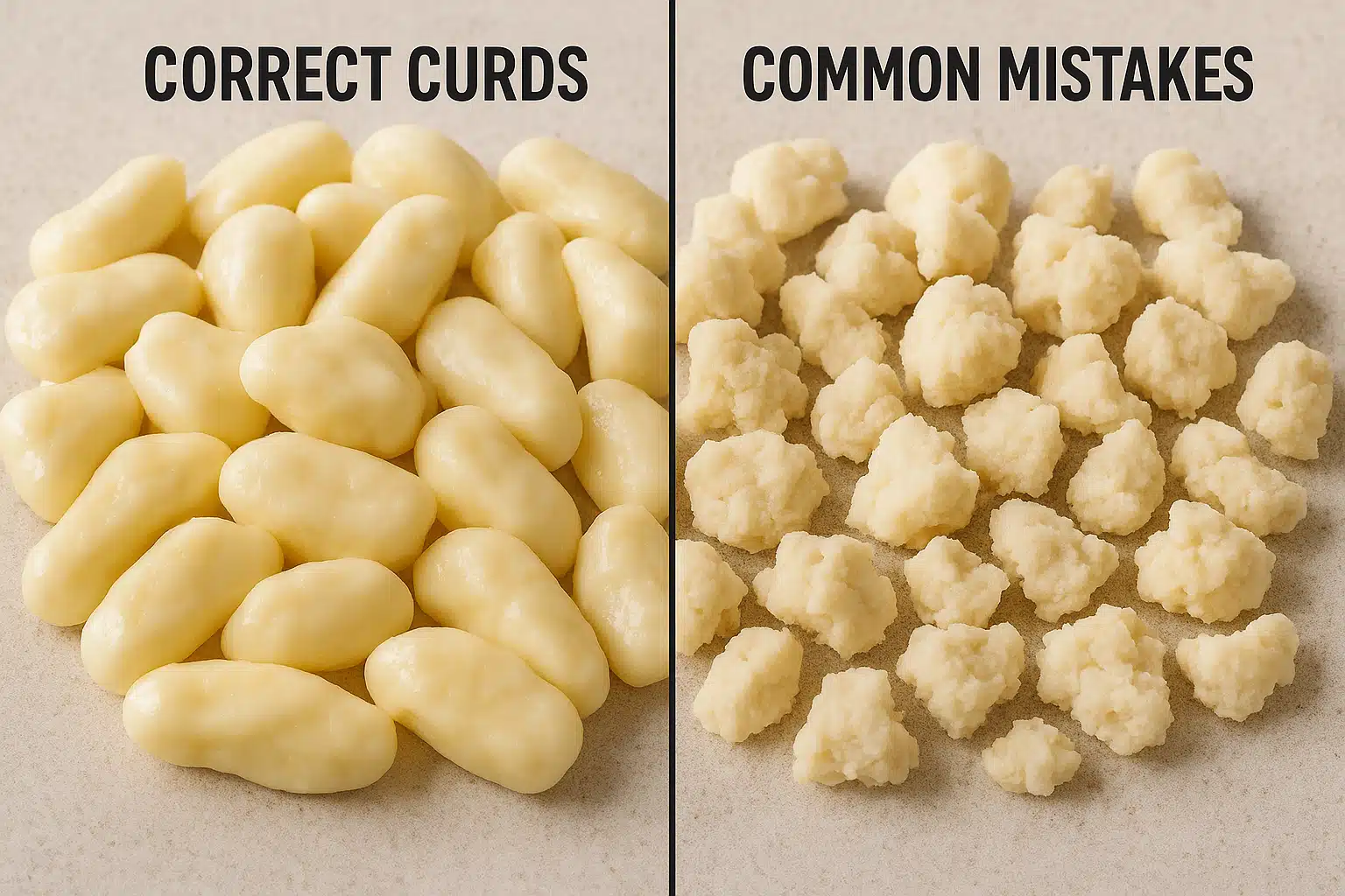 Comparison of properly made cheese curds versus common mistakes, side by side presentation showing texture differences, educational food photography with labels and clear details
