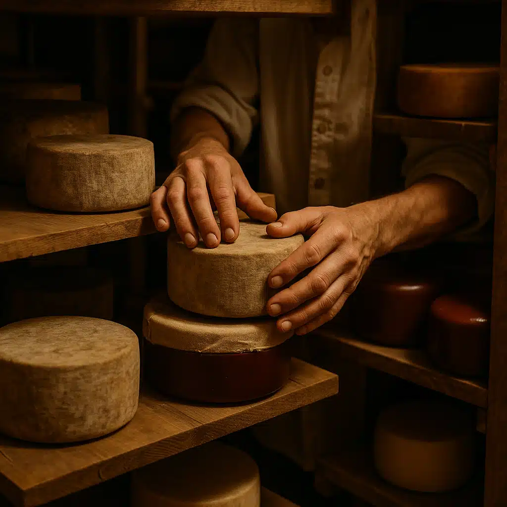Artisan cheesemaker's hands working with cheese wheels in a traditional aging facility, showing both bandaged and waxed varieties, documentary-style photography with warm ambient lighting, conveying craftsmanship and expertise