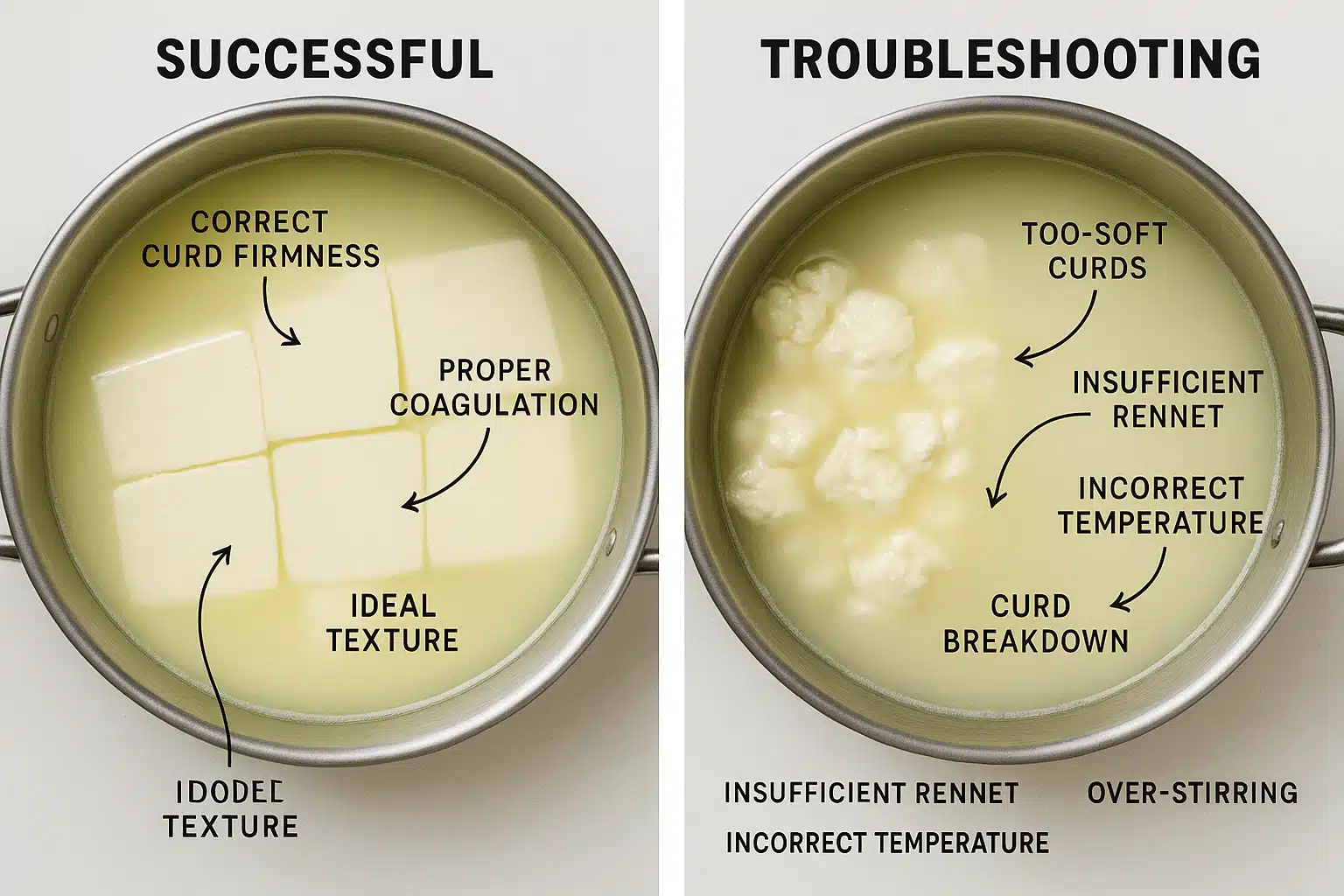 Split comparison image showing successful cheese making result on left and troubleshooting reference on right, with helpful annotations and notes, educational style